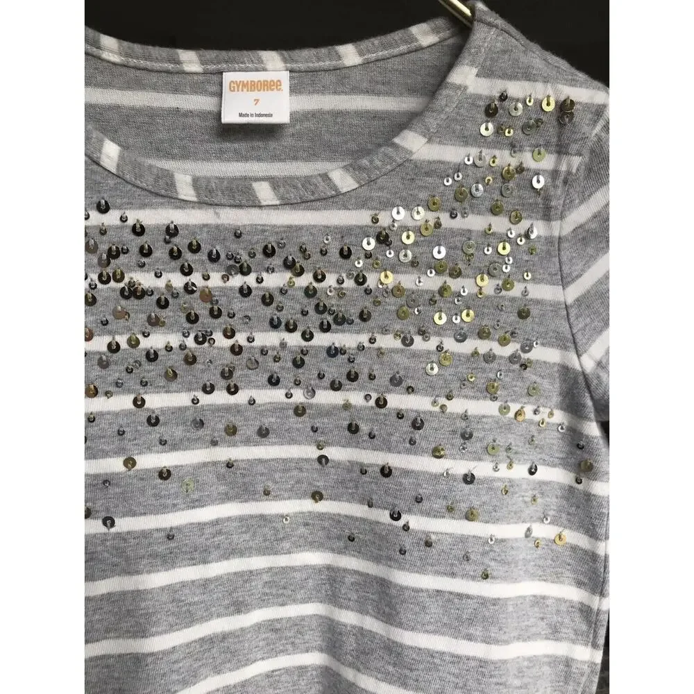 Gymboree Girls Gray Striped Ruffle Hem Blouse Sequin Cotton Size 7 Long Sleeve